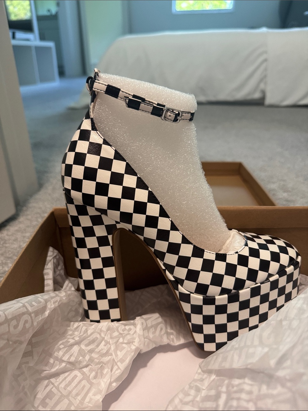 Steve Madden Black and White Check Platform Mary Jane Heels